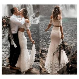 Two Piece Boho Bohemian Full Lace Mermaid Wedding Dress Bridal Gowns Off Shoulder Half Sleeve Floor Length Beach Formal Dresses Custom Made Vestido De Noiva