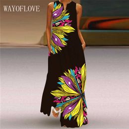 WAYOFLOVE Fashion Flower Print Summer Dress Black Elegant Casual Plus Size Dresses Woman Sleeveless Beach Long Dress Women 210602
