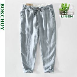 Spring Summer Men Pure Linen Cargo Trouser Casual Thin Mid Waist Drawstring Breathable Hemp Loose Pants GA-Z354 210715