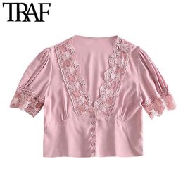 TRAF Women Sexy Fashion With Lace Trim Cropped Blouses Vintage V Neck Short Sleeve Female Shirts Blusas Chic Tops 210415