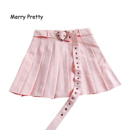 Harajuku Solid Pleated Skirt High Waist Pink A-Line Skirt Cute Korean Uniform Female Kawaii Women Bottom Midi Skirt heart Sashes 210412