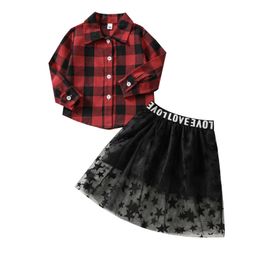 Kids Autumn Outfits Plaid Lapel Long Sleeves Buttons Shirt Letters Stitching Elastic Waist Skirt for Girls G1026