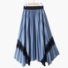 Spring Autumn Women Elastic Waist Casual Asymmetrical Pathwork Lace Panelled Over Knee A-line Pleated Skirt 8Y982 210510