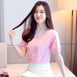 Korean Fashion Mesh Women Blouses Office Lady Shirt and Blouse Short Sleeve Chiffon Blusas Largas Plus Size XXXL Womens Tops 210531