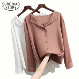 spring Casual Solid Loose Female Shirts Outwear Tops Women Chiffon Blouse Office Lady V-neck Button Clothing 5104 50 210527
