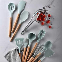 Kitchen Cooking Utensils Set 11Pcs Silicone Non-stick Wooden Handle Kitchenware Set Tools Tong Whisk Soup Spoon Spoonula