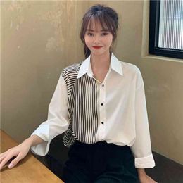 Summer Women's Shirts Korean Style Tops Niche Irregular Striped Stitching Loose Long-sleeved Shirt Top GX250 210507