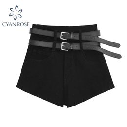 Summer Double Belts Short Jeans Pants Women Casual High Waist Denim Shorts Streetwear Simple Y2K Skinny Trousers 210515