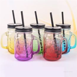 Gradient Mason Tumblers Transparent Handle Straw Cups Coffee Milk Tea Juice Cup Summer Drink Tool T500714