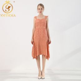 High Quality Fashion Designer Runway Dress Summer Women Spaghetti strap Pink hollow Lace Trumpet Mermaid 210520