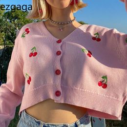 Ezgag Halloween Sweater Women V-Neck Cherry Embroidery Cardigan Loose Single Breasted Long Sleeve Autumn Girl Tops Casual 210430