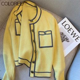 Runway Designers Tops for Women Korean Fashion Autumn Winter Clothes O-neck Long Sleeve Pockets Knitted Cardigan Mujer 211221