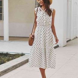Long Dress Women Polka-dot Pink White Ruched Midi Dresses Elegant Lacing-Up Bow Tie Casual Summer Dress Women Clothes 210331