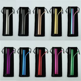 5Pcs Metal Reusable Stainless Steel Straws Set Sturdy Straight Bent Colorful Drinking Straw Cleaning Brush Smoothies Juice Bar Party Accessory JY0575