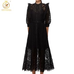 Fashion Runway Sexy Lace Hollow Out Ruffle Summer Dress Women's Short Sleeve Elegant Single-Breasted Long Robe 210520