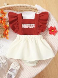 Baby Guipure Lace Detail Colorblock Ruffle Trim Combo Bodysuit Dress SHE
