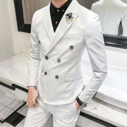 Double Breasted White Men Suits with Peaked Lapel 2 Piece Slim Fit Wedding Tuxedo Male Fashion Custom Groom Costume Jacket Pants X0909