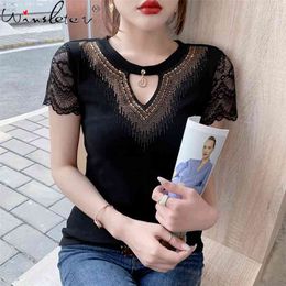 Summer Korean Style Cotton T-Shirt Fashion Sexy Hollow Out Shiny Diamond Chain Women Tops Casual Slim All Match Tee T14707A 210421