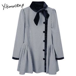Yitimuceng Plaid Bow Dresses Women A-Line Mini Spring Scarf Collar Long Sleeve High Wais Vintage French Office Lady 210601