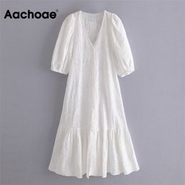 Aachoae Chic Floral Embroidery Midi Dress Women V Neck Puff Sleeve Sweet Dresses Ladies Elegant A Line White Cotton Dress 210630