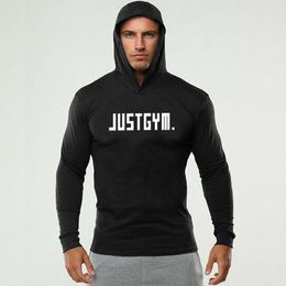 Mens Long Sleeves Elasticity Hooded T shirts Muscle Man Gym Fitness Bodybuilding Jogger Brand Clothing Plus Size Tee Shirt homme 210421