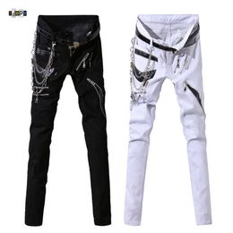 Idopy Men Hip Hop Jeans With Chain Patchwork Punk Gothic Party Stage Multi Zippers Leather Performance Pants For Man 210622