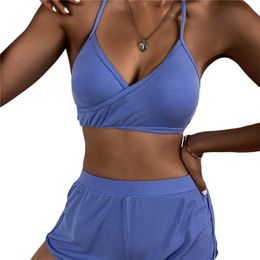 Women's Swimwear Brazilian Bikini Women Solid Color Bikinis Sets One Halter Swim Bra With Boyshorts And Briefs High Waist Wear