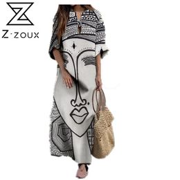 Women Dress V Neck Three Quarter Sleeve Printed Bohemian Loose Casual Long es Plus Size Vintage es 210513