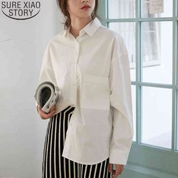 Women Cotton Oversize Loose Long Sleeve Casual Womens Tops and Blouses Pocket All-match Solid White Shirts 10958 210417
