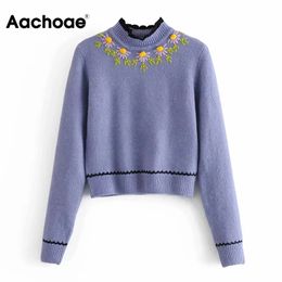 Aachoae Blue Colour Elegant Floral Embroidery Sweater Long Sleeve Vintage Lady Cropped Tops Casual Pullover Knitted Sweater Femme 210413