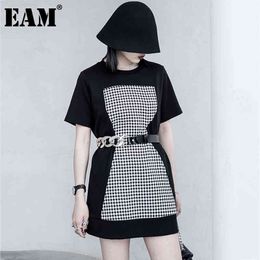 [EAM] Women Black Plaid Spliced Big Size Casual T-shirt Round Neck Short Sleeve Fashion Spring Summer 1DD7551 210512