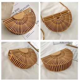 Fashion Half Moon Wooden Mini Purse Shoulder Crossbody Bags Kids Bamboo Woven Summer Beach Straw Rattan Messenger