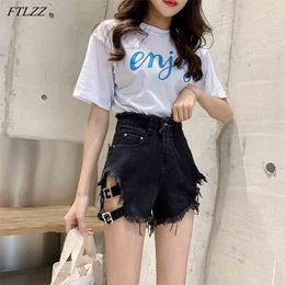 Women Streetwear Black Hole Denim Shorts Casual Summer Female High Waist Bandage Tassel Ladies 210430