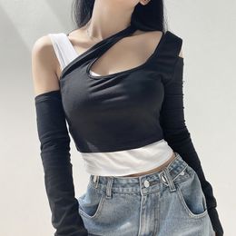 Hollow Out Fake 2 Stück Langarm Frauen T-Shirts Herbst Patchwork Farbkontrast Sexy Off Shoulder Crop Tops Casual Slim Tees 210507