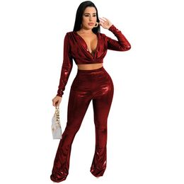Women's Two Piece Pants Woman Sexy Low Chest Pile Collar Long Sleeve Crop Top Flare Bright Leather Matching 2 Set Party Club Outfits