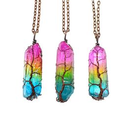 Vintage Irregular Natural Stone Clear Crystal Pendant Necklace Women Men Tree Of Life Pendants Gems Rainbow Jewelry