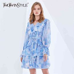 Sweet Print Spring Dress For Women V Neck Long Sleeve High Waist Sashes Patchwork Ruffle Dresses Female Fashion 210520