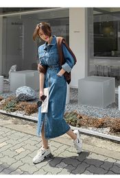 Casual Dresses Streetwear Turn-down Collar Slim Denim Dress Women Chic Single-breasted Full Sleeve Split Jeans 2021