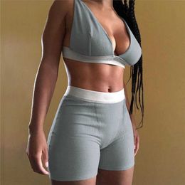 2PCS/Set Sexy Women Sleeveless Strap Bra Bustiers Tank Vest Crop Tops High Waist Shorts Pants Trousers Tracksuit Summer 2021 Y0702