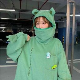 Harajuku Women Hoodie Frog Pullover Winter Sense Hooded Casual Sweatshirts Autumn Embroidery Loose Top Doll Decoration Hoodies 210803