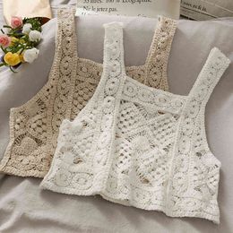 Retro wild hollow crochet perspective camisole female summer short cropped umbilical sexy small vest tops womens tide 210420