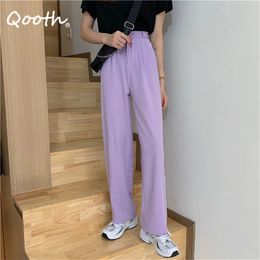 Qooth Plus Size Straight Drape Wide-Leg Pants Women's Summer Loose All Match Trousers Solid High Waist Thin Causal Pants QT659 210518
