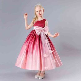2021 New Fashion Big Bow Flower Little Girls Banquet Party Long Dresses For Girls Princess Dress Christmas Evening Dresses 5-12Y G1215