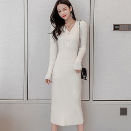 Vintage Elegant Knitted Sweater Dress Women Fashion Solid Full Sleeve Party Sexy V-Neck Vestidos Autumn Spring 210520