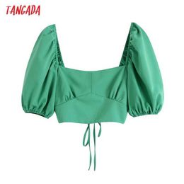 Tangada Women Retro Green Lace Up Crop Shirt Puff Short Sleeve Summer Chic Female Sexy Slim Shirt Tops BE590 210609
