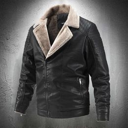 Men Leather Bomber Jacket Turndown Collar Fleece Lined Autumn Winter Jacket Men Motorcycle Jacket Men Biker Coat Slim Skinny 211018