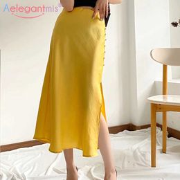 Aelegantmis Elegant Solid Satin Skirt Women Split Long Skirts for Womens Sexy Button Soft Mid-Calf Green Female 210607