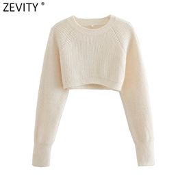 Zevity Women Fashion Arm Warmers Short Knitted Sweater Female Basic O Neck Long Sleeve Chic Pullovers Crop Tops S657 210812