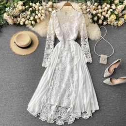 Summer Women Lace Party Long Sleeve Hollow Out Pleated Ruffle Elegant Vacation Maxi Dress 210415