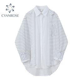 Irregular Spliced Striped Women's Cardigan Blouses Spring Summer Elegant Streetwear Fashion Shirts Lady Causal BF OL Tops 210515